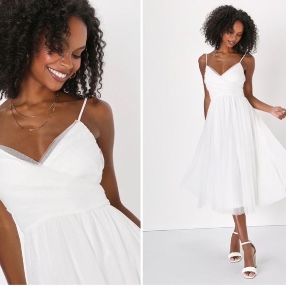 LULU's Bridal Shower Engagement Swiss Dot Romantic Flowy Midi Dress - Picture 1 of 4